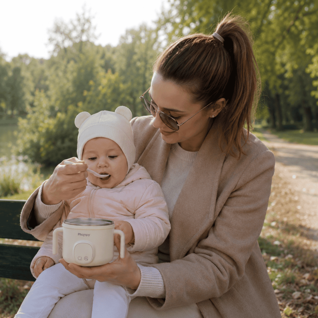 Mama hrani bebu na otvorenom iz Papi termo posude za hranu