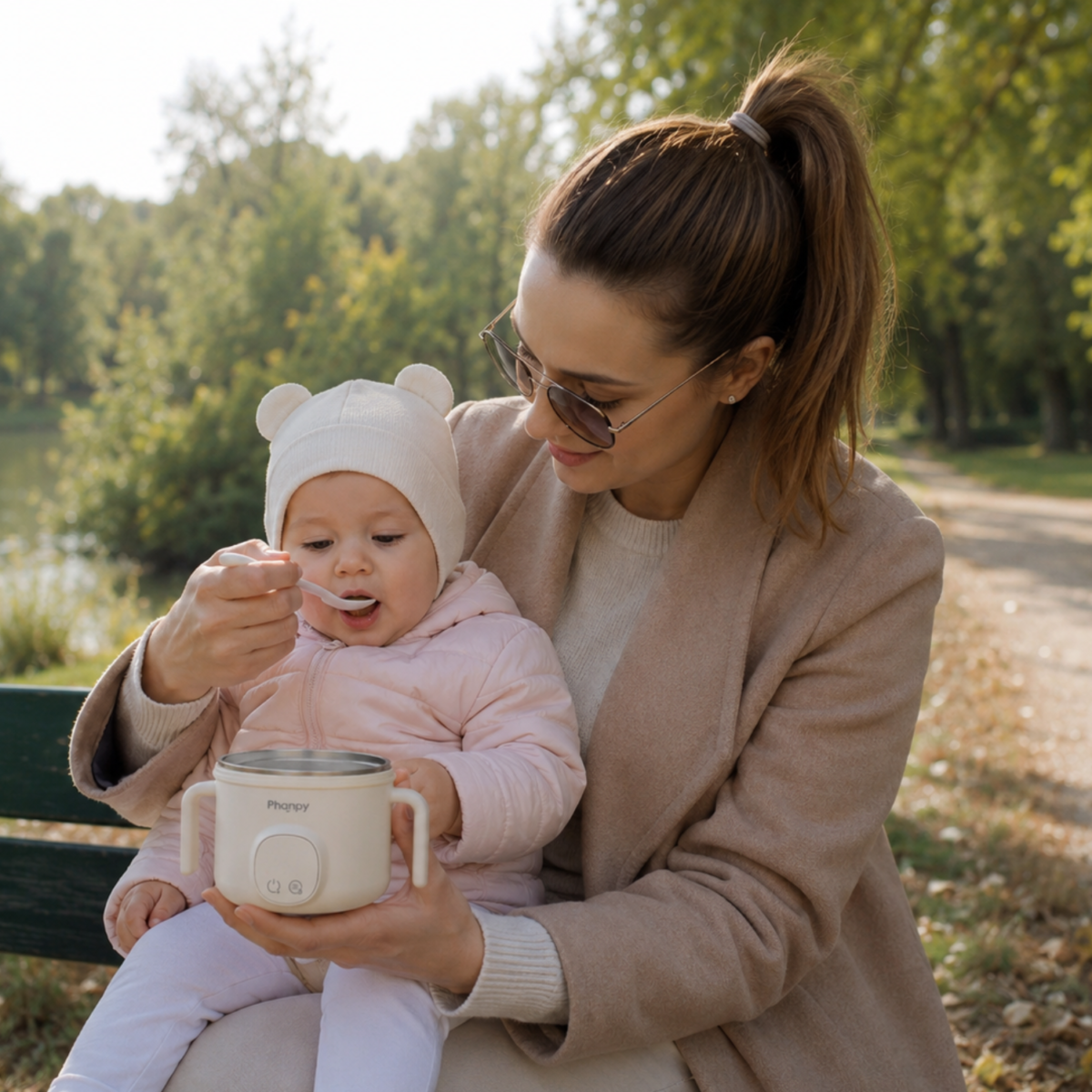 Mama hrani bebu iz Papi prijenosnoog grijača hrane