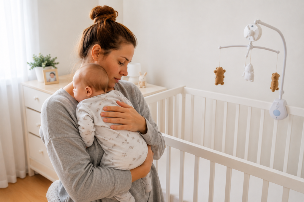 Mama uspavljuje bebu u naručju pokraj krevetića jer se beba probudi čim je spusti u krevetić.